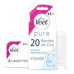 VEET PURE - 20 Bandes De Cire Froide Visage - Peaux Sensibles - Recommandés Par Les Dermatologues - Epilation Longue Durée