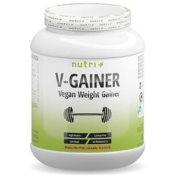nutri+ WEIGHT & MASS GAINER 2 kg Vegano Bebida con sabor Caramelo rico en calorías para ganar peso y masa muscular ganador de masa sin maltodextrina Proteína 2000 g