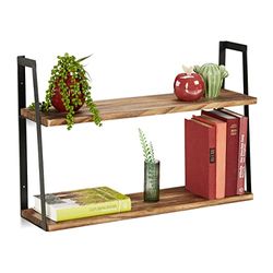 Relaxdays Wandrek, 2 planken, hangrek voor keuken, woonkamer, slaapkamer, metaal & hout, HBT 40x60x15 cm, natuur/zwart, 1 stuk