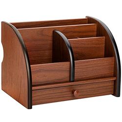 Foraineam Wooden Desk Organizer with Drawer, Remote Control Holder Caddy, Makeup Organizers, Wood Pencil Holder Desktop Supplies and Stationery Rack for Home Office School Tabletop Accessories Storage