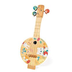 Janod - Banjo Pure en Bois - Imprimé de Jolies Illustrations, Peinture à l'Eau - Clefs d'Accordage en Forme d'Oiseau - Jouet d'Imitation - 3 Cordes de Rechange - Banjo Enfant, de 3 à 8 Ans, J05160