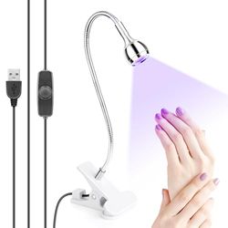 5W LED Nail Gel UV Light, Flexible Gooseneck LED Nail Light with Fuse Clip, Small Nail Drying Machine for Hardening Nail Gel with Rotating UV Lamp, Silver