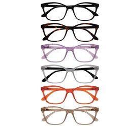 OPULIZE KAT Set di 6 Occhiali da Lettura - Montatura a Occhi di Gatto - Nero/Marrone/Viola/Grigio/Arancione/Tortora - Uomo e Donna - RRRRRR59-1257GU - +2.00