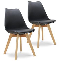 Waytex Dorian Lot de 2 Chaises Design Scandinave Coque Plastique Rigide Noir Pieds Bois