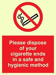 Viking Signs PS19-A5P-PV "Please Dispose Of Your Cigarette Ends In A Safe And Hygienic Method" Sign, Sticker, Photoluminescent, 200 mm H x 150 mm W