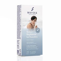 Waysilk | Strisce Depilatorie Viso e Collo Gel Sensitive, Per Pelli Sensibili, Con Acido Ialuronico, 20 Strisce + 4 Salviette Post Depilazione Con Aloe Vera