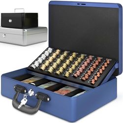 ACROPAQ Caisse monnaie grande professionelle - Grande espace pour les Billets et pièces, Avec monnayeur et 2 clés, Caisse plus épaisse, Poignée de transport robuste, 100% en sécurité - Bleu