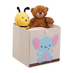 Relaxdays Bac de Rangement pour Enfants, Motif éléphant, HxLxP : 33x33x33 cm, boîte Tissu, Panier à Jouets, Beige/Bleu