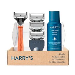 Harry's Rasoio bagnato per uomini – Set di rasatura con manico arancione 4 lame di ricambio per rasoio da viaggio, 60 ml