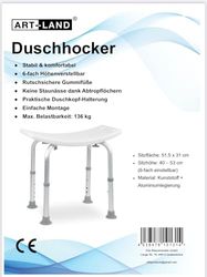 ART-LAND Sgabello da doccia, regolabile in 6 posizioni, altezza 40-53 cm, seduta 51,5 x 31 cm, portata fino a 136 kg, antiscivolo, bianco