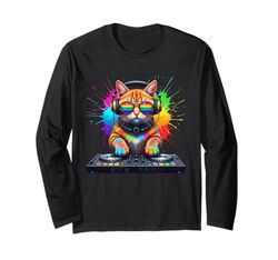 Rainbow DJ Cat con occhiali da sole cuffie EDM musica divertente Maglia a Manica