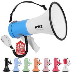 Pyle 50W Megaphone Bullhorn - Portable, Automatic Siren & Adjustable Volume,Projection Range Up to 1200 Square Yards, Aux Input, Talk, Siren, Music, Whistle, & Record, Shoulder Strap (White-Blue)
