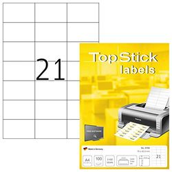 TopStick 8708 adresstickers A4 (70 x 42,3 mm, 100 velle, papier, mat) zelfklevend, bedrukbaar, permanente klevende universele etiketten, 2.100 etiketten voor printer, wit