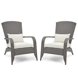 Mondeer 2X Chaise Adirondack, Salon de Jardin 2 Fauteuils en Rotin PE, Fauteuil Relax Jardin Plein Air avec Dossier Haut et Accoudoirs, Chaises de Loisirs avec Coussins pour Patio, Gris Brun