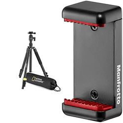 National Geographic Kit Treppiede Da Viaggio Con Monopiede, Alluminio, Gambe 4 Sezioni & Manfrotto MCLAMP - Attacco Universale per Smartphone, Compatto, Pieghevole