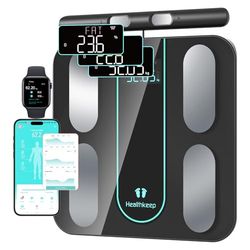 Healthkeep Personvåg ansluten impedansmätare med 8 högprecisionselektroder, 21 kroppsdata dubbelfrekvens BIA-mätning med APP för Andriod och iOS, Max. 180kg/400 lb/28st