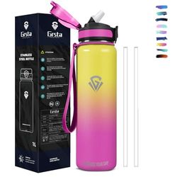 Grsta Vattenflaska, 1 liter termisk vattenflaska, gymflaska med sugrör, termisk vattenflaska i rostfritt stål BPA-fri, vakuum med dubbla väggar, för sport, camping, cykling, yoga