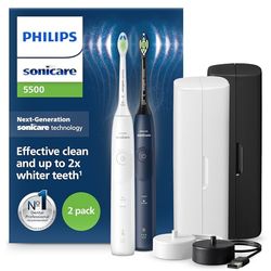 Philips Sonicare 5500, spazzolino elettrico sonico con 2 modalità, avviso di pressione, EasyStart, Smartimer e BrushPacer, bianco e blu navy, confezione da 2, modello HX7119/01 [Nuova tecnologia]
