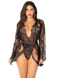 Leg Avenue Floral Lace Teddy and Robe, M (UK 10-12), Black, 150 g