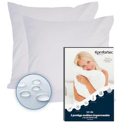 Komfortec Protège Oreiller Imperméable 60 x 60 cm Lot de 2 avec Fermeture éclair, Respirantes, hypoallergéniques, Anti-acariens, 2 Housses de Coussin Blanches