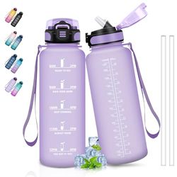Botella Agua, Botella 1.5 Litros, Botella Agua Gimnasio con Pajita, Marca de Tiempo, Botella Agua Motivacional, Botella Plastico, a Prueba de Fugas, Botella Agua para Correr, Bicicleta, Yoga, Púrpura