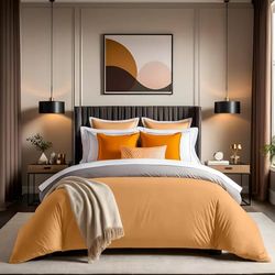 Premium Ranforce Single Quilt Cover (135 x 200 cm), 100% katoen, oranje, knoopsluiting, 155 draadtelling, machinewasbaar op 30 °C, zacht en duurzaam