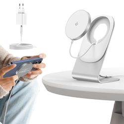 Caricatore Wireless iphone 15W Magnetico Veloce Ricarica Wireless Stazione con Adattatore 20W Compatibile Con iPhone 15/14/13/12/11/XS/X/8 Serie, AirPods 2/3/Pro, Argentato