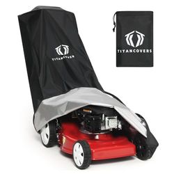 TitanCovers Housse de tondeuse à gazon avec revêtement PA et double cordon de serrage et sac de rangement en polyester Oxford 600D robuste pour tondeuse à gazon étanche pour extérieur