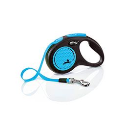 Flexi, Laisse Modèle New Neon, Version Sangle, Une visibilité Accrue grâce au réflecteur néon, Système de Guidage perfectionné, Système de freinage Robuste, Made in Germany, Noir/Bleu, S - 5m