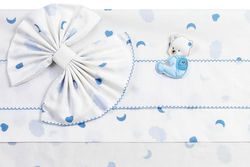 Filet - Juego de sábanas para Cochecito de bebé de 3 Piezas en Estampado Azul, 1 sábana Bajera con Esquinas, 1 sábana encimera con Banda de Tela Aida para Bordar y 1 Funda de Almohada, Fabricado en