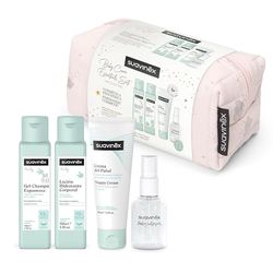 Suavinex, Kosmetyczka dla niemowląt, zestaw upominkowy dla noworodka z kosmetykami: żel szampon 100 ml + balsam nawilżający 100 ml + krem do pieluchy 75 ml + Baby Cologne 50 ml, format podróżny