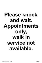 Pack of five - Please knock and wait. Appointments only, walk in service not available. Sign - 100x150mm - A6P