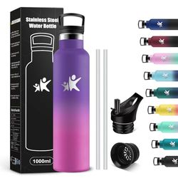 KollyKolla 1 liter thermosfles, BPA-vrij, roestvrijstalen drinkfles met rietje, lekvrij, herbruikbaar, voor kantoor, sport, fietsen, werk
