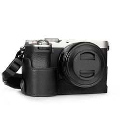 MegaGear Genuine Leather Half Camera Case for Sony Alpha a7C Mark II - Stylish and Protective (Black)