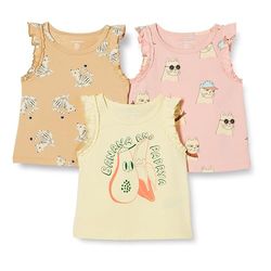 Amazon Essentials Girls' Ruffle Tank Tops, Pack of 3, Cool Cat/Tiger/Tropical Fruit, 8 Years