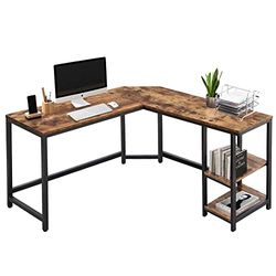 BAKAJI Escritorio esquinero con estantería de 2 estantes, Mesa de Trabajo para Ordenador, Estructura Metal Negro y Tablero de Madera MDF con Efecto Antiguo, decoración diseño Moderno Industrial