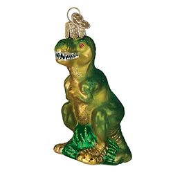 Old World Christmas Dinosaurios de Vidrio soplado Adornos para árbol de Navidad, T-Rex, Verde Purpurina, 4 x 2.5