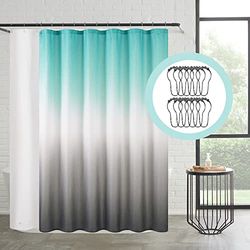 Creative Home Ideas Rideau de Douche 14 pièces Bleu Turquoise, Blanc, Gris ombré, Crochets et Doublure, Ensemble de Salle de Bain – Comprend 1 Rideau de Douche ombré de 70 x 183 cm, 1 Doublure de