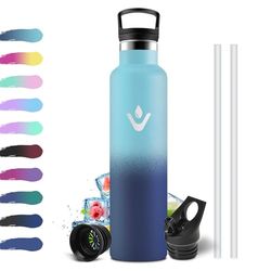 Thermosfles, 1 l, lekvrij, BPA-vrij, thermosfles met rietje, opening met één hand, metalen waterfles, dubbelwandig, geïsoleerd, waterfles voor fitness, hardlopen, kantoor, school