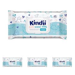 Kindii Pure Water Toallitas húmedas Pure Aqua para Bebé, Composición a base de agua 99% - 99%, Alantoína, Sin perfume, Sin perfume, Dermatológicamente probado, Para piel sensible, Paquete de 240