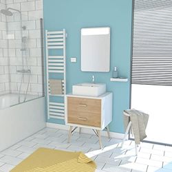 AURLANE Meuble Salle DE Bain SCANDINAVE Blanc ET Bois Naturel 60 CM avec TIROIRS, Vasque A Poser - Miroir