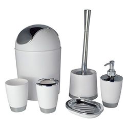 Bathlux Modern Design 6 Piece Bathroom Accessory Set, Toilet Brush, Waste Bin, Soap Dish, Tooth Brush Holder Soap Dispenser, Rinse Cup (White)