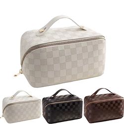 BIVIZKU Large Portable Makeup Bag, Travel Cosmetic Bag for Women, White-checkered, Waterproof