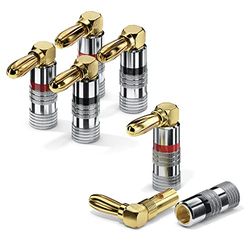 Sonero® lot de 4 fiches bananes coudées à 90°, pour tous les câbles d'enceintes d'un diamètre maximum de 6 mm², 4 pièces avec anneau de couleur (2x rouge, 2x noir), plaqué or 24 carats