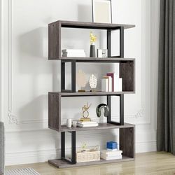 YITAHOME Boekenkast, rek met 5 niveaus, S-vormig, modern, vrijstaand multifunctioneel decoratief opbergrek, staand rek voor slaapkamer, woonkamer kantoor, zwart (grijs)