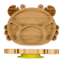 Relaxdays Babytallrik med sugkopp, bambu, krabba, halkfri, BPA-fri, tilläggskost, uppdelad barntallrik, natur