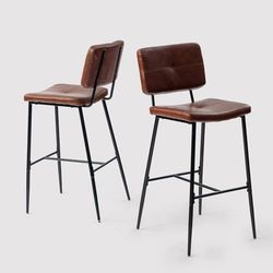 MEUBLE COSY Lot de 2 Tabouret de Bar Industriel avec Dossier et Repose-Pieds, Siège Rembourrés de 75 cm de Haut, Chaises Hautes en Simili Cuir Cadre en métal, Marron Foncé
