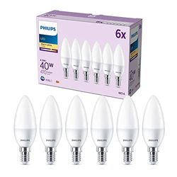 Philips LED E14 Candela, confezione da 6 lampadine, equivalente a 40 W, lampadine LED smerigliate, Plastica, Luce Bianca Calda 2700K, LED a risparmio energetico con lunga durata