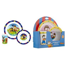 Fun House 005398 Pat Patrouille Ensemble de Repas Bleu 26,5 x 7 x 25 cm 3 Pièces & 005138 T'Choupi Ensemble repas pour enfant : 1 Verre + 1 Assiette + 1 Bol Micro-ondable 250 ML, Jaune