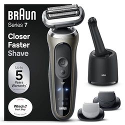 Braun Series 7 Electric Shaver for Men, Wet & Dry Shave, Waterproof Foil Shaver with Beard Trimmer & Body Groomer + Clean & Charge SmartCare Center, Engineered in Germany, Gold, 72-C7650cc